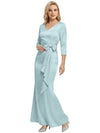Mother of The Bride Dress Elegant V-Neck 3/4 Sleeve Satin Trumpet Maxi Gown