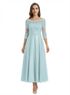 Mother of The Groom Dress Off Shoulder 3/4 Sleeve Lace Satin Midi Gown Classy Pleated
