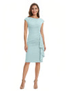 Mother of The Bride Dress Beautiful Jewel Cap Sleeve Crepe Sheath Midi Gown Ruffled Stylish Design