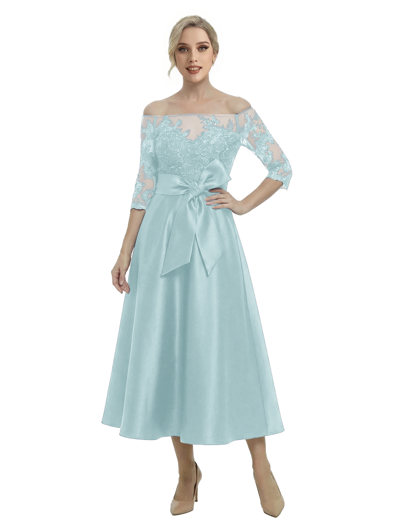 Unique Off Shoulder Tea-Length Satin Mother Of The Bride Dress With Lace Illusion