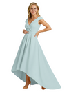 Mother of The Groom Dress Fancy Cap Sleeve Crepe High-Low A-Line Gown Elegant Belt Accent