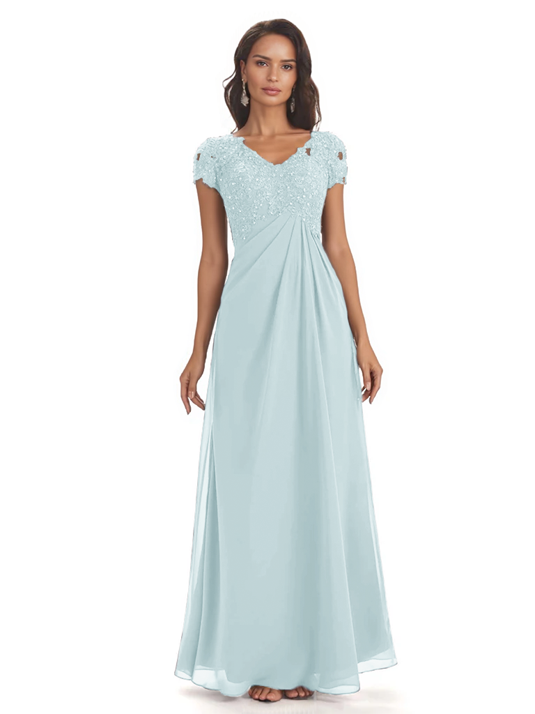Elegant Short Sleeves Beaded Pleats A-line Floor-Length Mother of The Bride Dresses