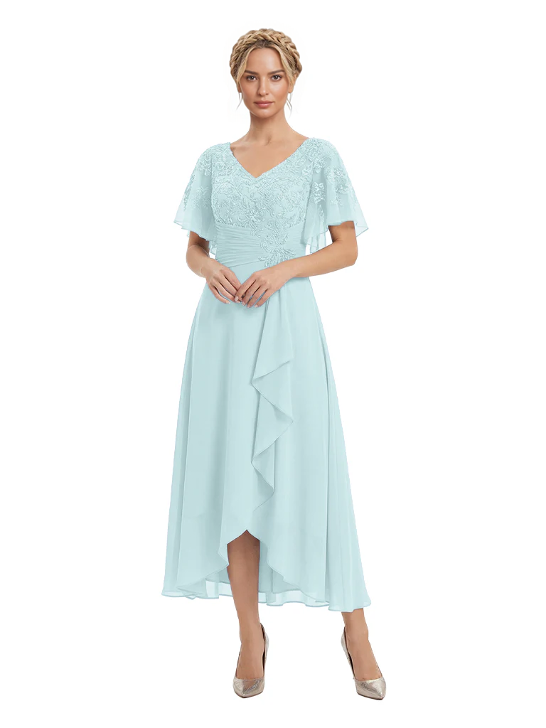Unique Flutter Sleeves Lace Beaded Short Mother of the Groom Dresses