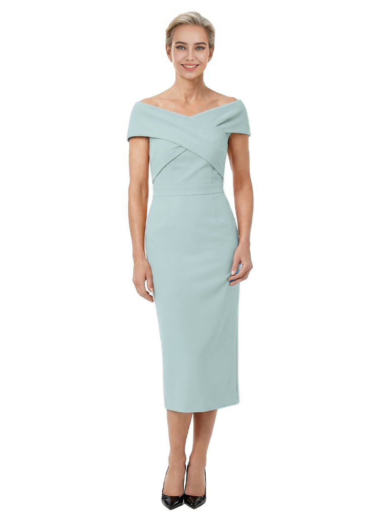 Mother of The Bride Dress Classy Off Shoulder Crepe Sheath Midi Gown Modern Wrap Detail