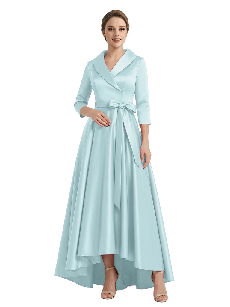 Modern High-Low 3/4 Sleeves Satin Mother Of The Bride Dress With Bow Knot