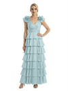 Mother of The Bride Dresses V-Neck Sleeveless Satin Tiered Maxi Gown Unique Flower Detailed Formal Wedding Event Attire