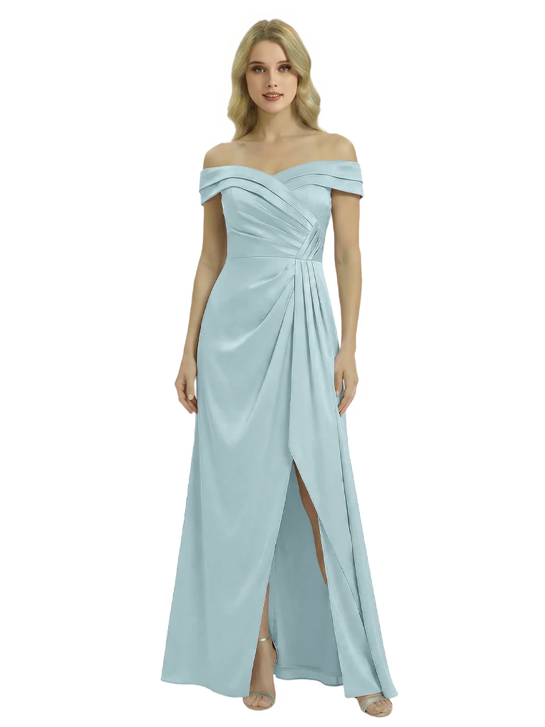 Off The Shoulder Mother Of The Groom Dresses Side Slit Satin Ruched A-Line Gown