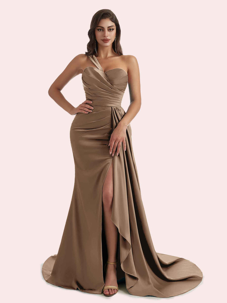 Elegant Mermaid Sweetheart Side Slit Pleats One Shoulder Soft Satin Long Bridesmaid Dress Online Elegant Mermaid Sweetheart Side Slit Pleats One Shoulder Soft Satin Long Bridesmaid Dress Online