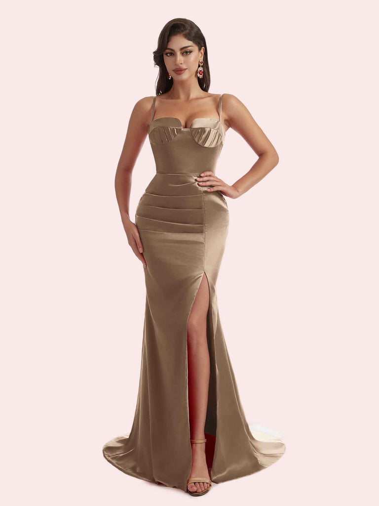 Elegant Mermaid Pleats Side Slit Spaghetti Straps Soft Satin Long Bridesmaid Dress For Wedding- Cetims Desert-Rose