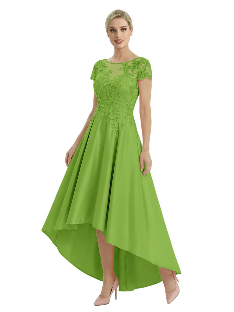 Elegant Mother of The Bride Dress Scoop Short Sleeve Lace Satin High-Low A-Line Gown