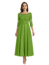 Mother of The Groom Dress Off Shoulder 3/4 Sleeve Lace Satin Midi Gown Classy Pleated