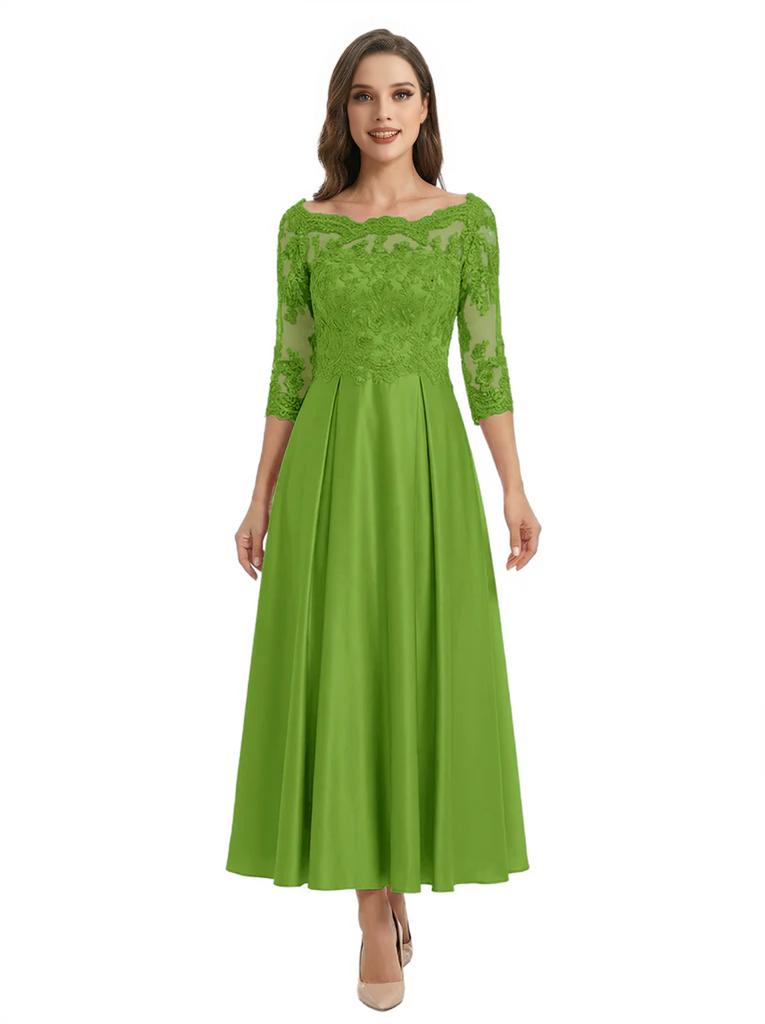 Mother of The Groom Dress Off Shoulder 3/4 Sleeve Lace Satin Midi Gown Classy Pleated