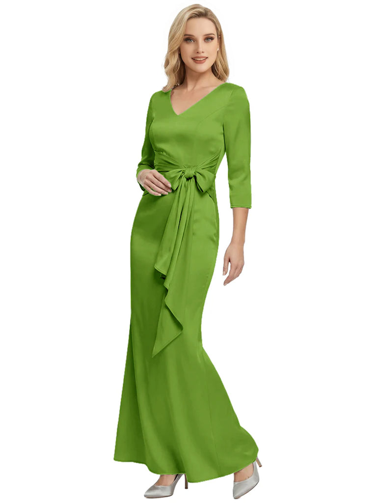 Mother of The Bride Dress Elegant V-Neck 3/4 Sleeve Satin Trumpet Maxi Gown
