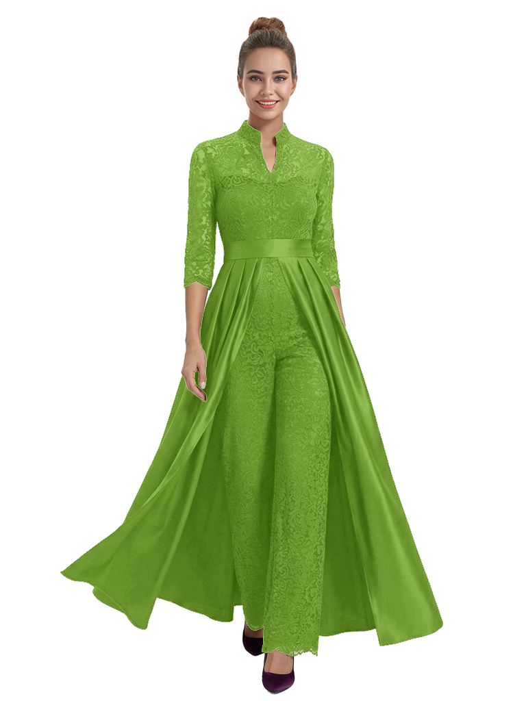 Mother of The Groom Outfit V-Neck 3/4 Sleeve Lace Pantsuit Satin Overskirt