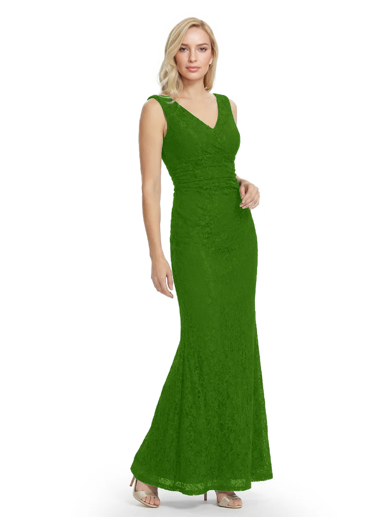 Mother of The Bride Dresses V-Neck Sleeveless Lace Mermaid Maxi Gown Elegant Flowy Formal Wedding Event Dress