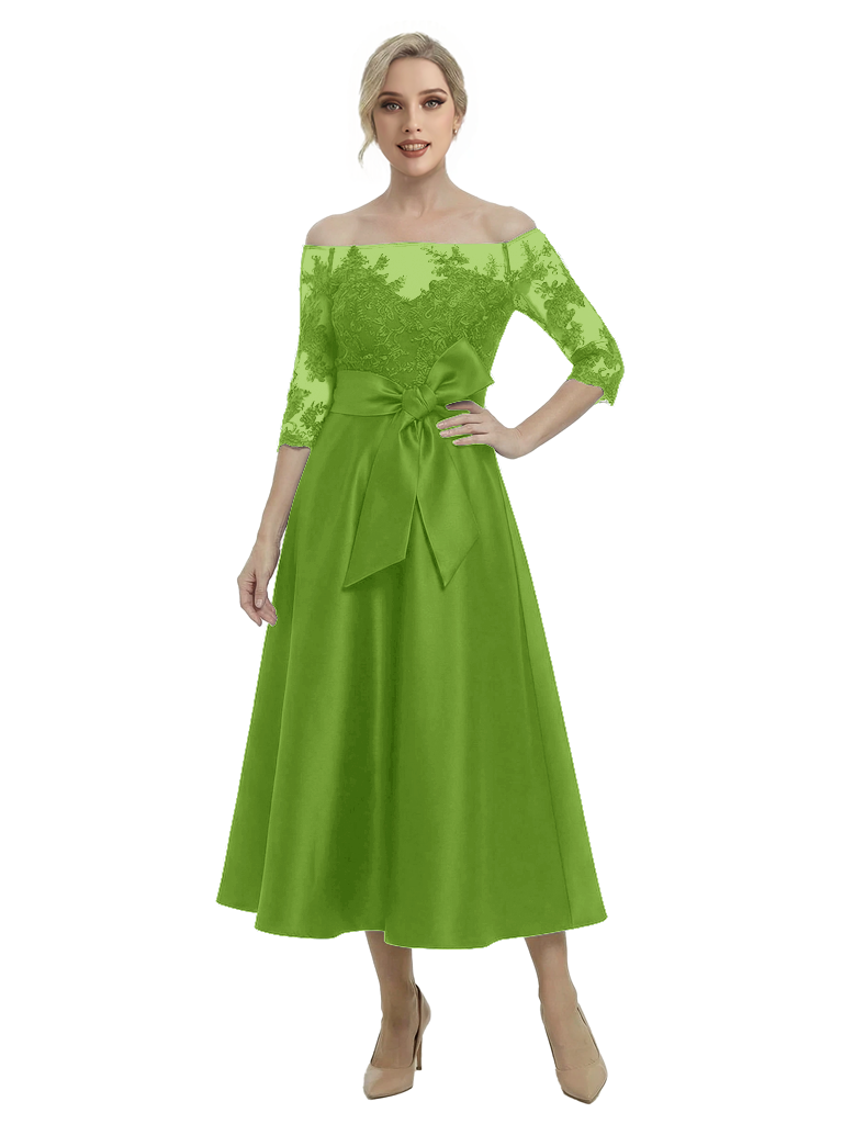 Unique Off Shoulder Tea-Length Satin Mother Of The Bride Dress With Lace Illusion