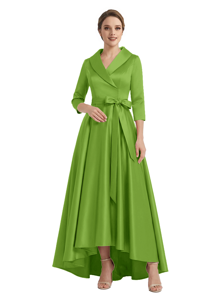 Modern High-Low 3/4 Sleeves Satin Mother Of The Bride Dress With Bow Knot