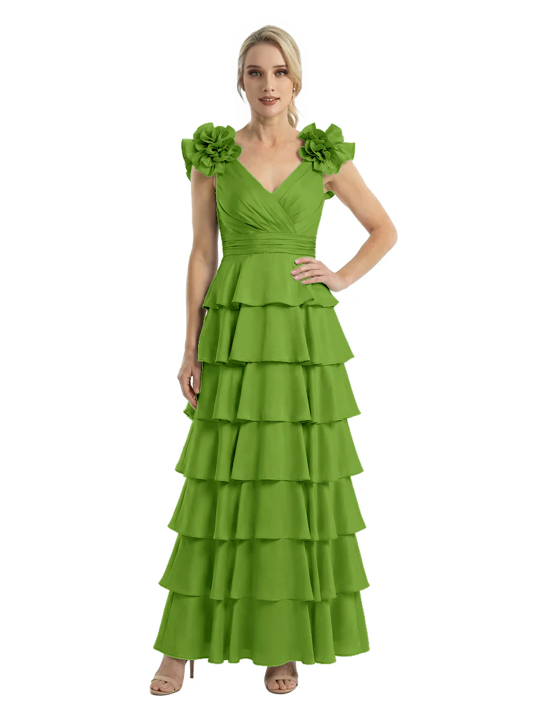 Mother of The Bride Dresses V-Neck Sleeveless Satin Tiered Maxi Gown Unique Flower Detailed Formal Wedding Event Attire