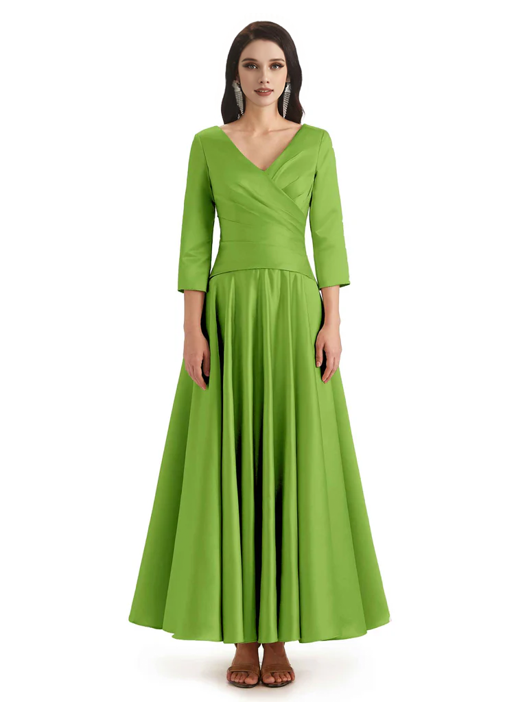 Elegant Soft Satin 3/4 Sleeves V-Neck Ankle Length Mother of The Bride Dresses