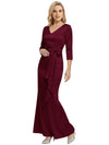 Mother of The Bride Dress Elegant V-Neck 3/4 Sleeve Satin Trumpet Maxi Gown