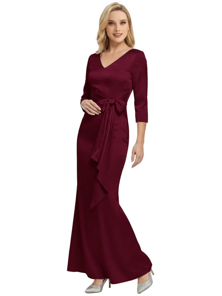 Mother of The Bride Dress Elegant V-Neck 3/4 Sleeve Satin Trumpet Maxi Gown