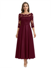 Mother of The Groom Dress Off Shoulder 3/4 Sleeve Lace Satin Midi Gown Classy Pleated