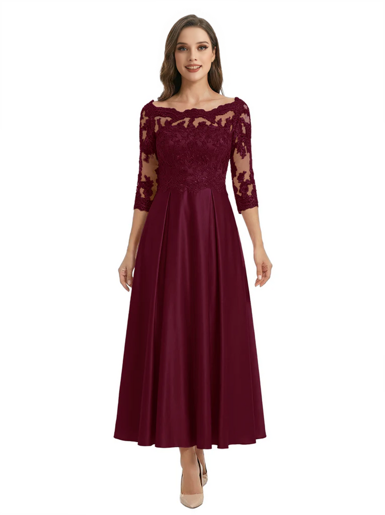 Mother of The Groom Dress Off Shoulder 3/4 Sleeve Lace Satin Midi Gown Classy Pleated