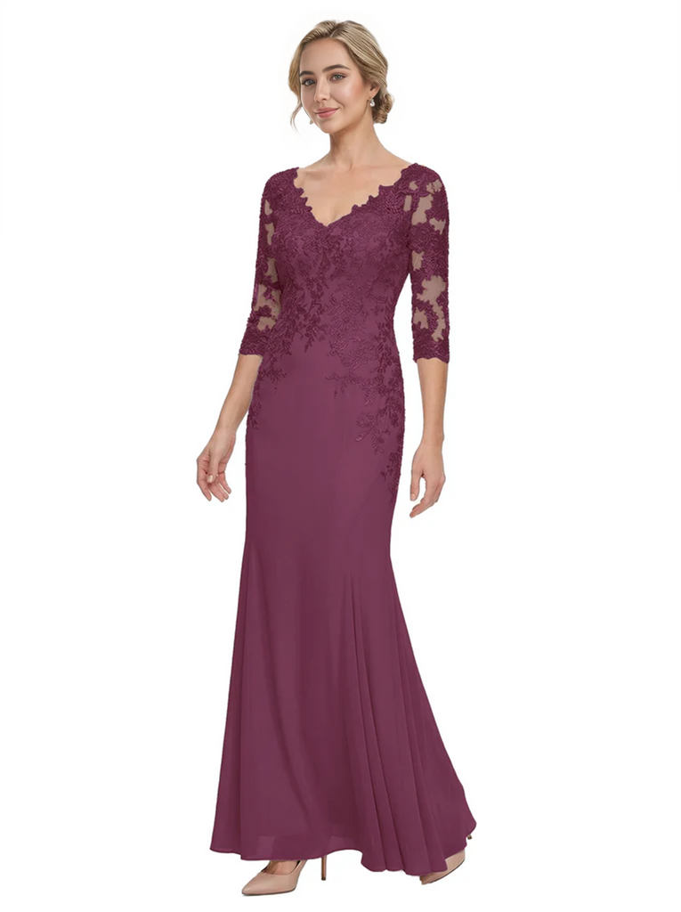 Mother of The Bride Gown V-Neck Half Sleeve Lace Chiffon Trumpet Maxi Dress Unique Sophisticated