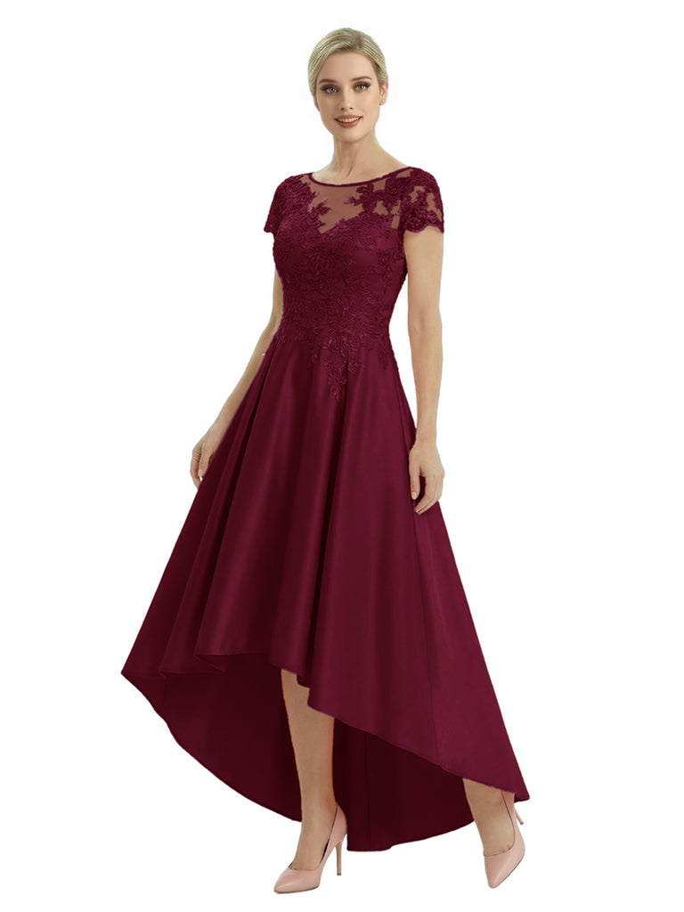 Elegant Mother of The Bride Dress Scoop Short Sleeve Lace Satin High-Low A-Line Gown
