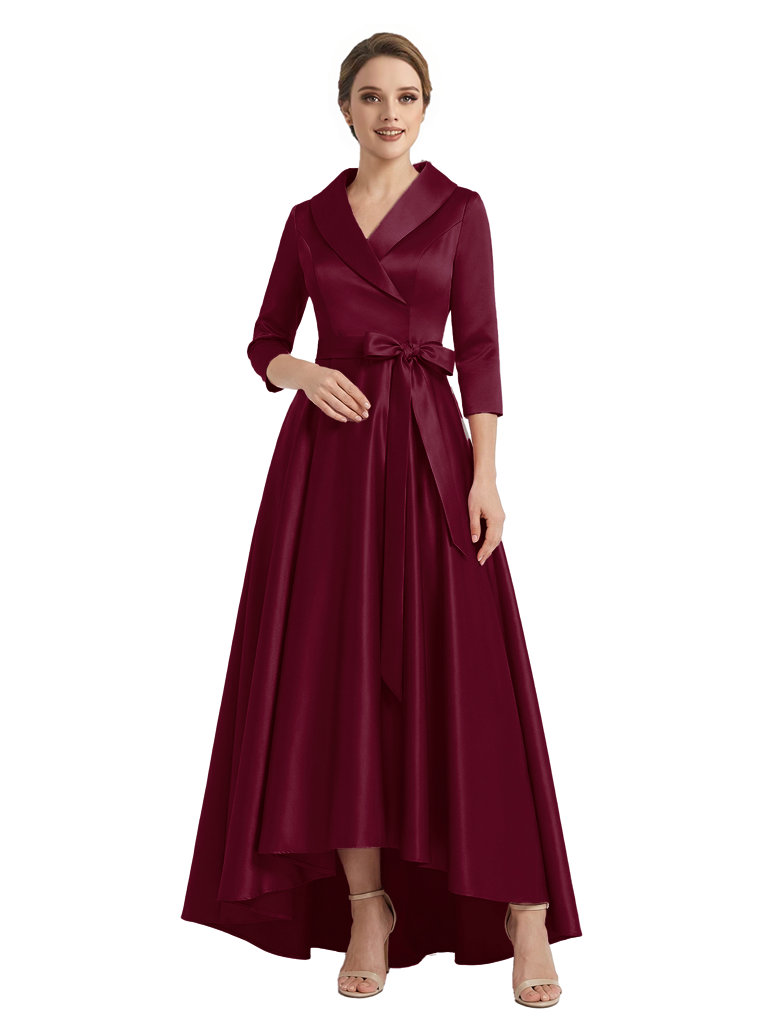 Modern High-Low 3/4 Sleeves Satin Mother Of The Bride Dress With Bow Knot