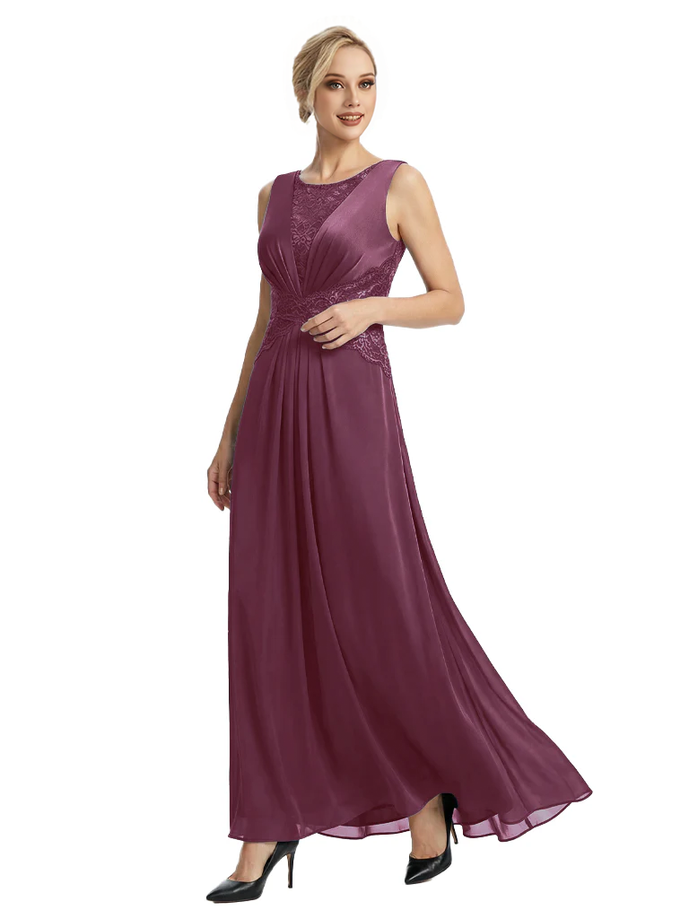 Mother of The Bride Dresses Scoop Sleeveless Lace Chiffon Maxi Gown Classy Ruched Formal Wedding Event Dress