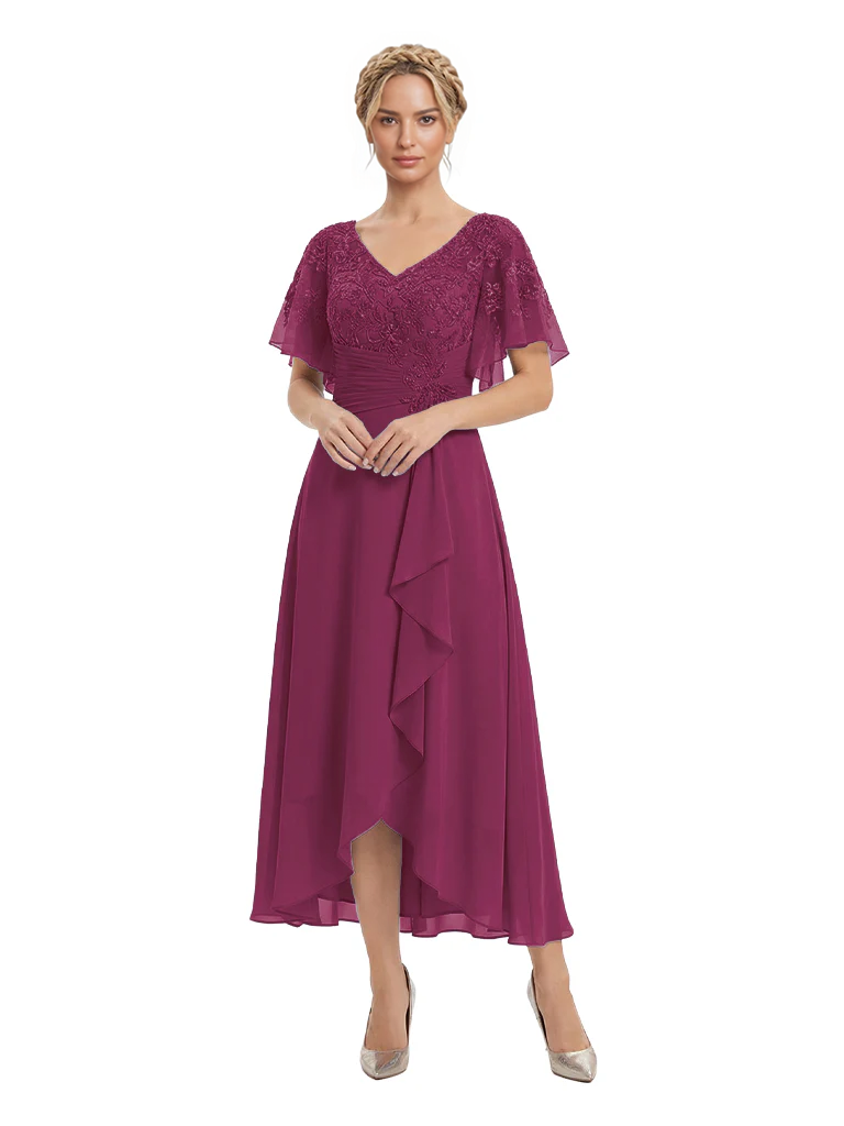 Unique Flutter Sleeves Lace Beaded Short Mother of the Groom Dresses