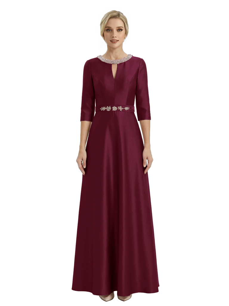 Sophisticated 3/4 Sleeves Beaded A-Line Satin Mother Of The Bride Dress
