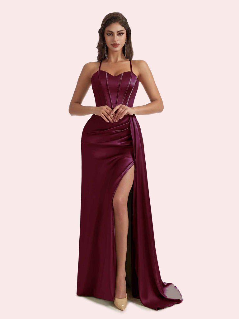 Cetims Elegant Sweetheart Mermaid Pleats Side Split Spaghetti Strap Soft Satin Long Bridesmaid Dress For Wedding Cinnamon Rose