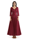 Elegant Soft Satin 3/4 Sleeves V-Neck Ankle Length Mother of The Bride Dresses