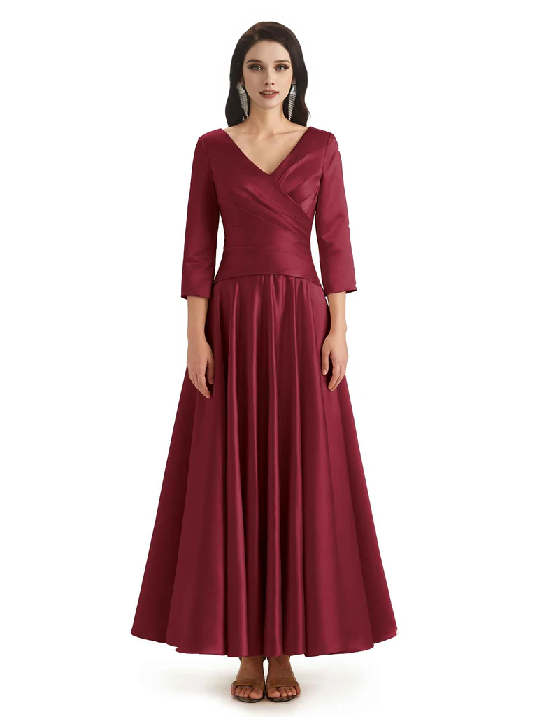 Elegant Soft Satin 3/4 Sleeves V-Neck Ankle Length Mother of The Bride Dresses