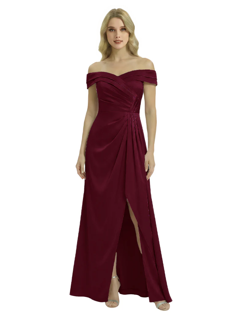 Off The Shoulder Mother Of The Groom Dresses Side Slit Satin Ruched A-Line Gown