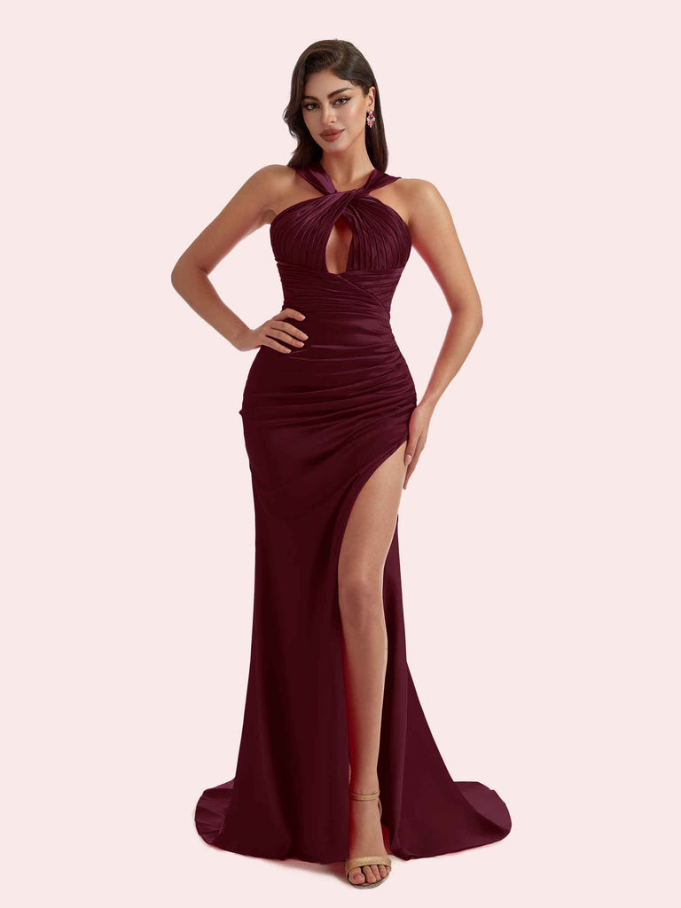 Generous Mermaid Pleats Side Split Halter Soft Satin Long Bridesmaid Dress For Wedding Cetims Grape