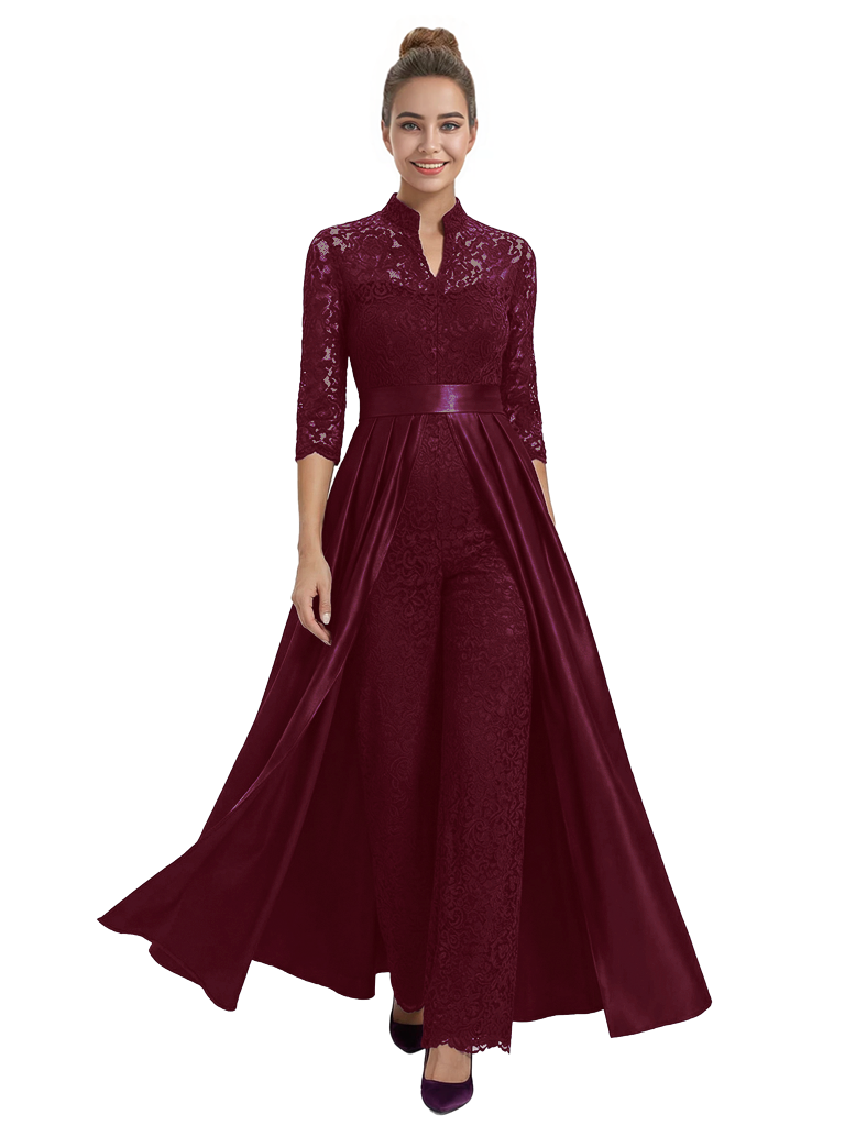Mother of The Groom Outfit V-Neck 3/4 Sleeve Lace Pantsuit Satin Overskirt
