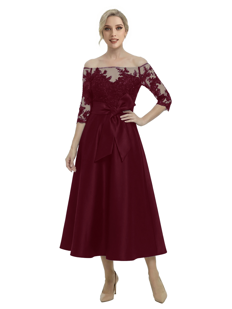 Unique Off Shoulder Tea-Length Satin Mother Of The Bride Dress With Lace Illusion