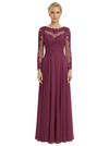 Mother of The Bride Dresses Scoop Long Sleeve Lace Chiffon Maxi Gown Pretty Embroidered Formal Wedding Event Attire