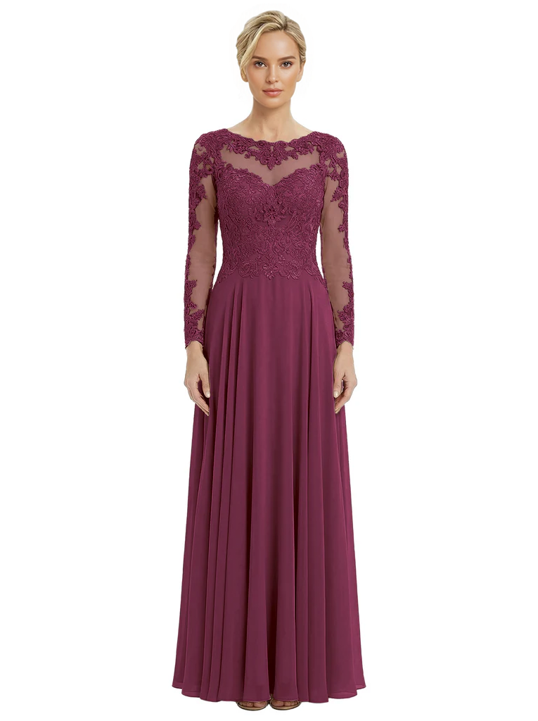 Mother of The Bride Dresses Scoop Long Sleeve Lace Chiffon Maxi Gown Pretty Embroidered Formal Wedding Event Attire