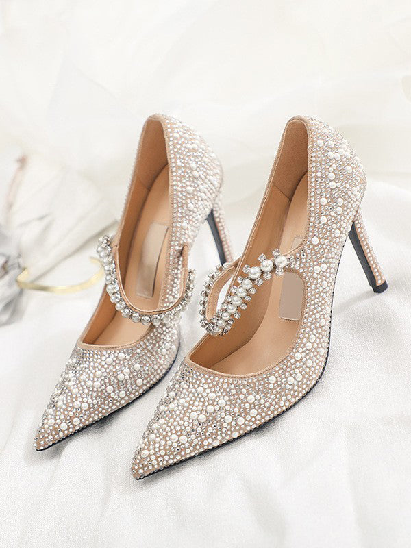 Fashion pearl shallow mouth pointed wedding shoes stiletto women's crystal shoes bride