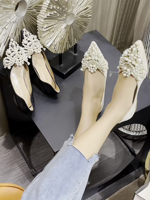 Women's Fashion Flat Lace & Pearl Decor Soft Ballet Flats Suitable For Autumn Winter And Casual Occasions Wedding Shoes