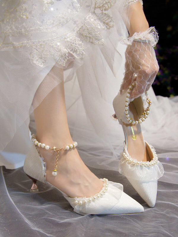 Wedding shoes high heels spring and autumn with skirts pointed sandals with cheongsam pearl shoes