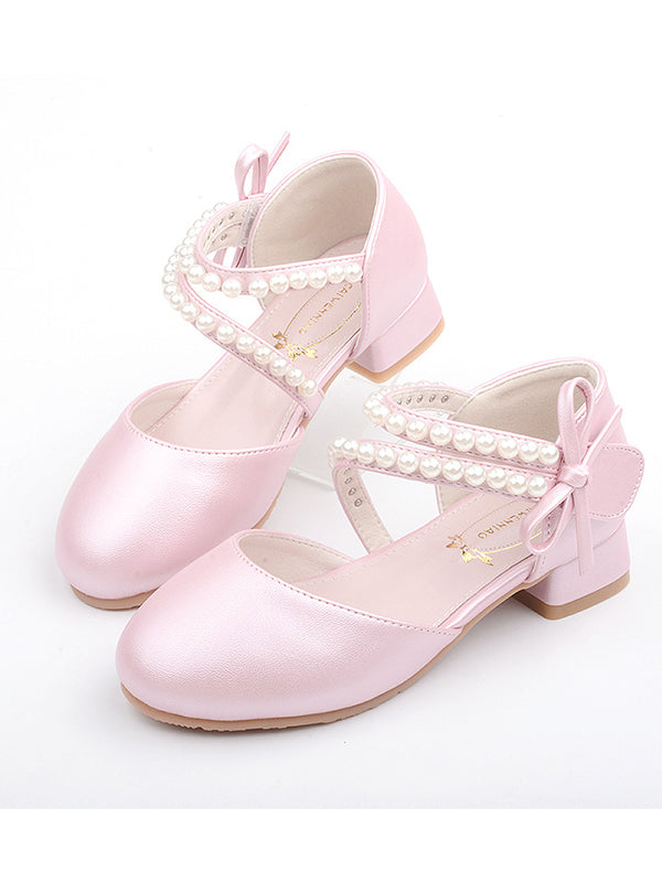 Girls princess shoes pearl leather shoes children's high heels wedding