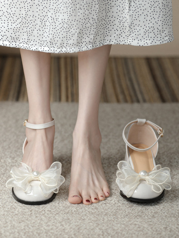 Ankle strap hollow shoes for women bowknot round toe thick heel closed toe sandals all-match casual shoes bridesmaids