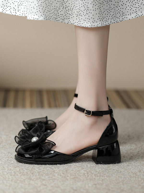 Ankle strap hollow shoes for women bowknot round toe thick heel closed toe sandals all-match casual shoes bridesmaids