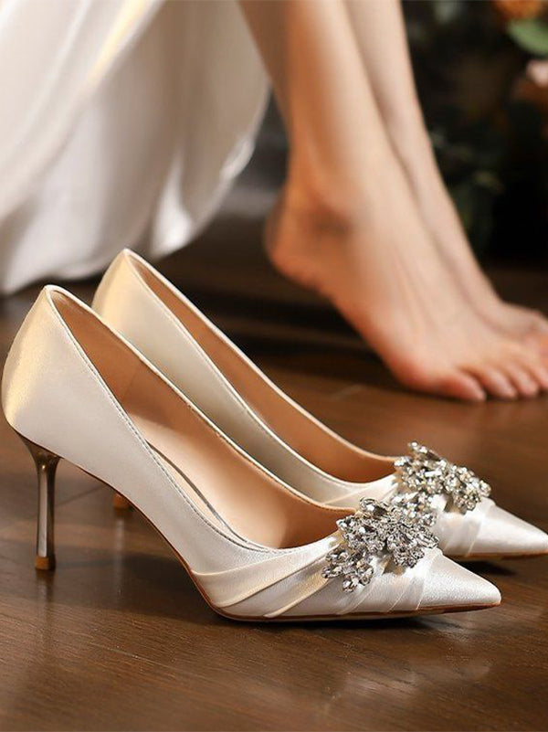New shallow heel high-grade rhinestone satin silver-white wedding shoes for brides