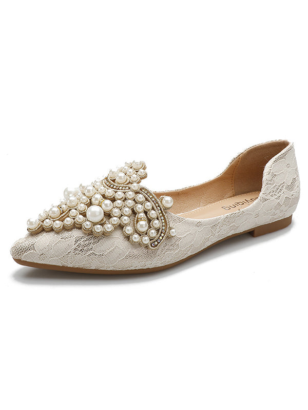 Women's Fashion Flat Lace & Pearl Decor Soft Ballet Flats Suitable For Autumn Winter And Casual Occasions Wedding Shoes